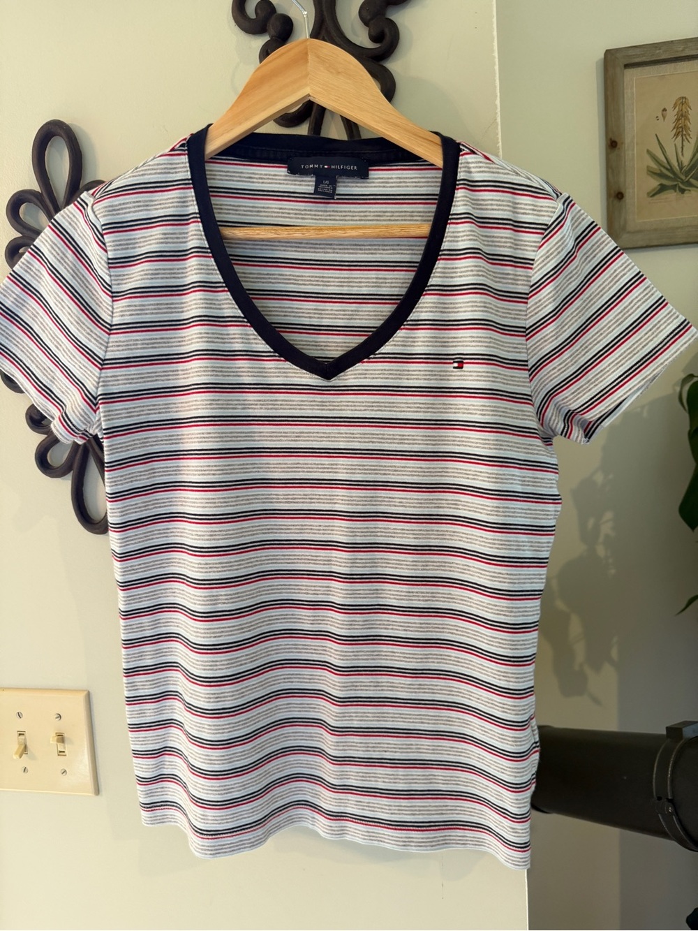 Tommy Hilfiger Striped V-Neck Tee in White with Navy & Red